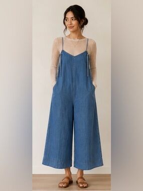 FARM Rio Chambray Denim Wide Leg Cropped Jumpsuit Open Back Tie Strap Size P